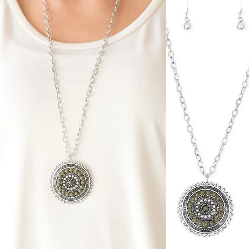 Long silver medallion statement necklace